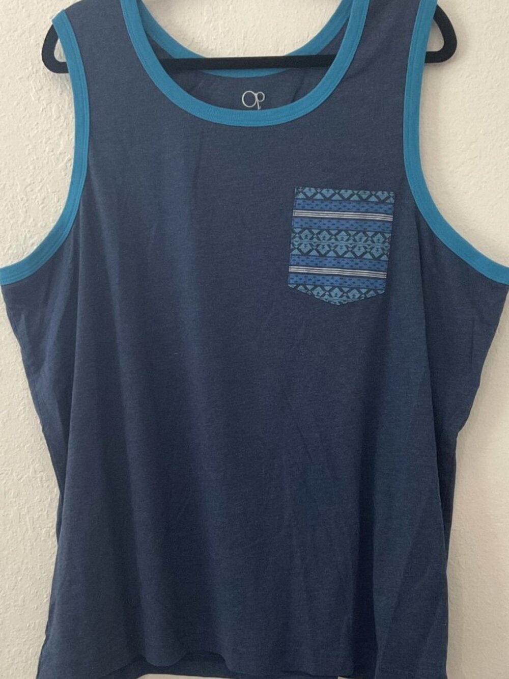 OCEAN PACIFIC OP MEN'S TANK TOP 2XL BLUE GEOMETRIC TRIBAL PATTERN POCKET RINGER